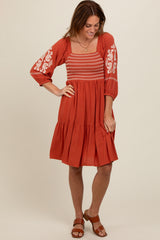 Rust Smocked Embroidered Damask Dress