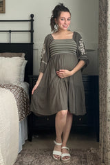 Olive Smocked Embroidered Damask Maternity Dress