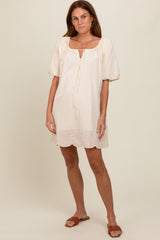 Cream Embroidered Puff Sleeve Dress