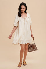 Cream Embroidered Puff Sleeve Dress