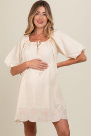 Cream Embroidered Puff Sleeve Maternity Dress