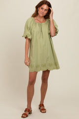 Light Olive Embroidered Puff Sleeve Dress