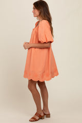 Peach Embroidered Puff Sleeve Dress