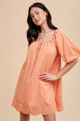 Peach Embroidered Puff Sleeve Dress