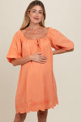 Peach Embroidered Puff Sleeve Maternity Dress