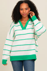 Green Striped Collared Dolman Sleeve Maternity Sweater