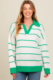 Green Striped Collared Dolman Sleeve Maternity Sweater