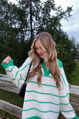 Green Striped Collared Dolman Sleeve Sweater