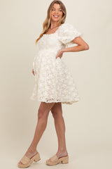 Ivory Floral Mesh Lace Puff Sleeve Maternity Dress