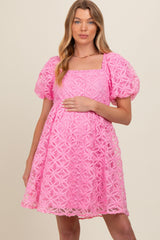 Pink Floral Mesh Lace Puff Sleeve Maternity Dress