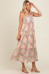 Peach Patchwork Print Shoulder Tie Tiered Midi Dress