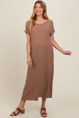 Mocha Rolled Cuff Maternity Midi Dress