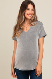 Black Ribbed Split Neckline Maternity Short Sleeve Top