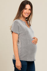 Black Ribbed Split Neckline Maternity Short Sleeve Top