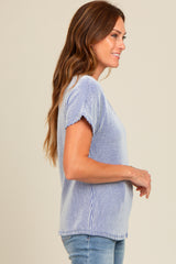 Royal Blue Ribbed Split Neckline Short Sleeve Top