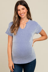 Royal Blue Ribbed Split Neckline Maternity Short Sleeve Top