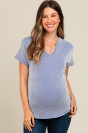 Royal Blue Ribbed Split Neckline Maternity Short Sleeve Top