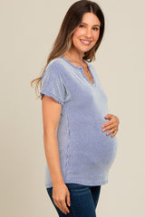 Royal Blue Ribbed Split Neckline Maternity Short Sleeve Top