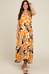 Cream Printed Pleated Maxi Dress