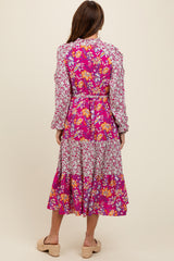 Magenta Mixed Floral Front Tie Midi Dress