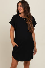 Black Ribbed Round Hem Maternity Dress