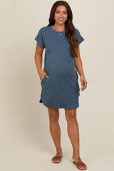 Blue Ribbed Round Hem Maternity Dress