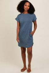 Blue Ribbed Round Hem Dress