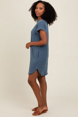 Blue Ribbed Round Hem Dress