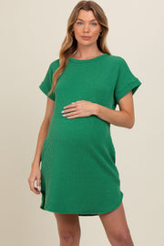 Green Ribbed Round Hem Maternity Dress