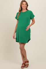 Green Ribbed Round Hem Maternity Dress