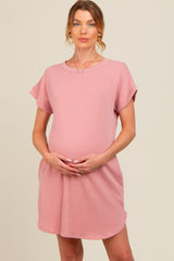 Mauve Ribbed Round Hem Maternity Dress