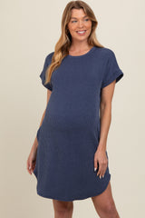 Navy Ribbed Round Hem Maternity Dress