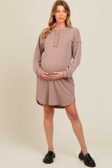 Mocha Ribbed Button Accent Maternity Dress