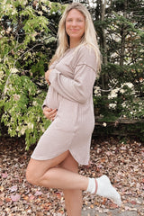 Mocha Ribbed Button Accent Maternity Dress