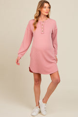 Mauve Ribbed Button Accent Maternity Dress