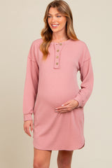 Mauve Ribbed Button Accent Maternity Dress