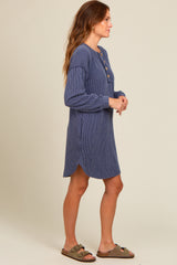 Navy Ribbed Button Accent Dress