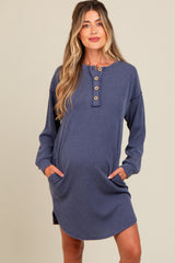 Navy Ribbed Button Accent Maternity Dress