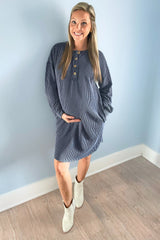 Navy Ribbed Button Accent Maternity Dress