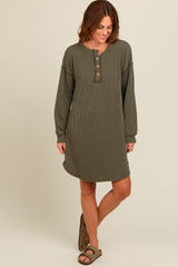 Olive Ribbed Button Accent Dress