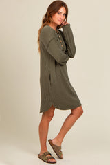 Olive Ribbed Button Accent Dress