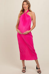 Fuchsia Knot Front Plisse Halter Maternity Midi Dress