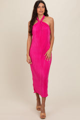 Fuchsia Knot Front Plisse Halter Midi Dress