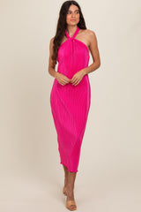 Fuchsia Knot Front Plisse Halter Midi Dress