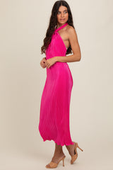 Fuchsia Knot Front Plisse Halter Midi Dress