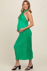 Green Knot Front Plisse Halter Maternity Midi Dress