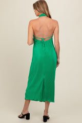 Green Knot Front Plisse Halter Maternity Midi Dress