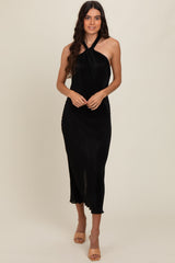 Black Knot Front Plisse Halter Maternity Midi Dress