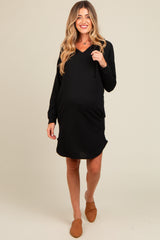 Black Ribbed Hoodie Maternity Dress