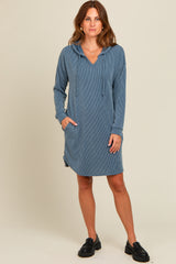 Blue Ribbed Hoodie Maternity Dress